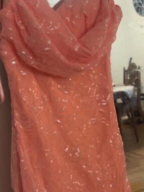 Sequin Coral Cowl-Neck Prom Dress
